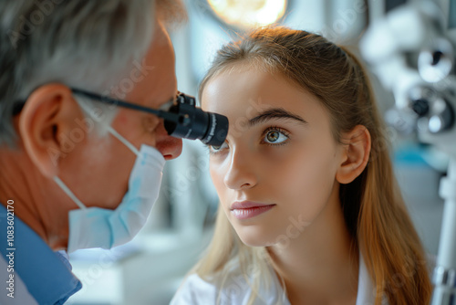 Ophthalmologist. Ophthalmologist checks patient's vision in modern clinic. Doctor and patient during medical examination in ophthalmology clinic. Health concept.