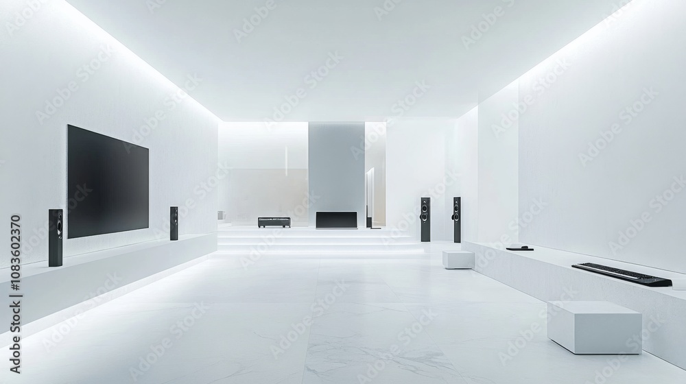 Fototapeta premium Modern minimalist home theater room with white walls and sleek black technology.