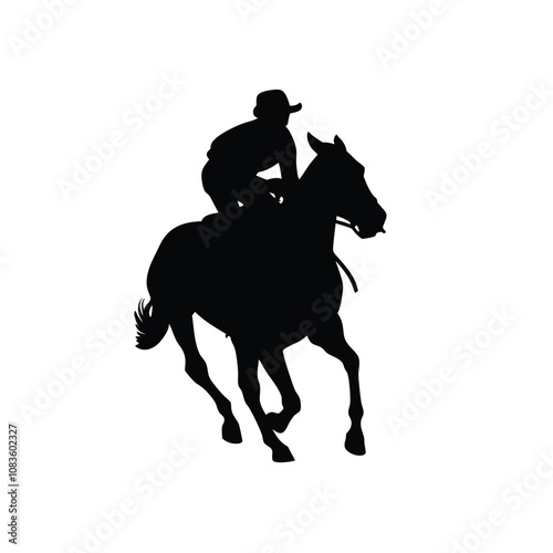 A horse is running with a man on top of it. The man is wearing a helmet