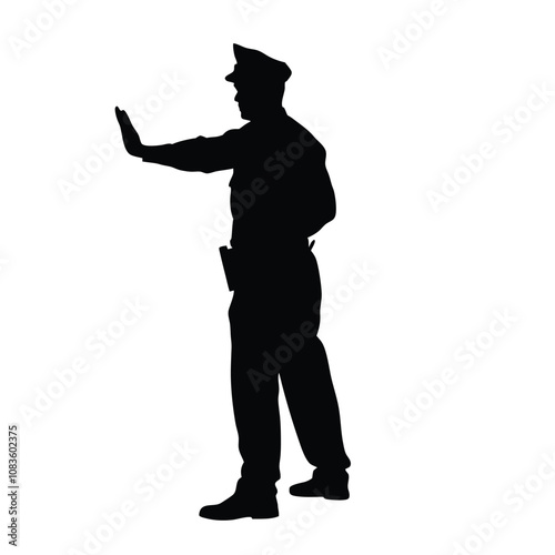 A police officer is standing in front of a white background. He is holding a hand up in the air