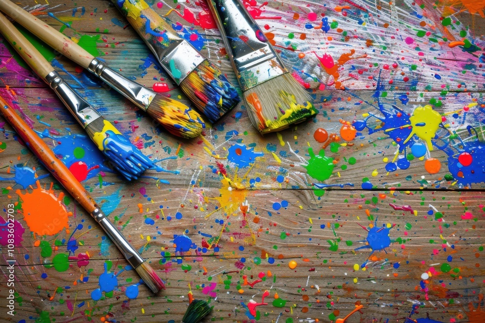 Obraz premium Colorful paint splatters and brushes on a wooden surface, showcasing artistic creativity.