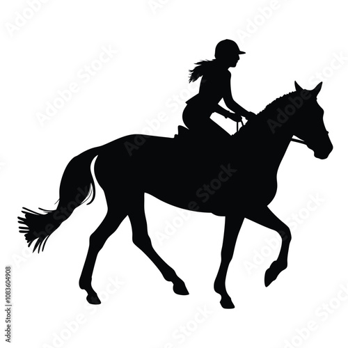 A woman is riding a horse. The horse is black. The woman is wearing a helmet