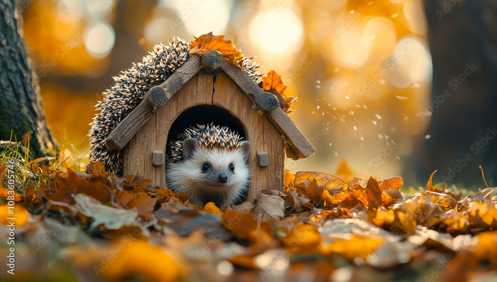 Naklejka premium Hedgehog emerges from cozy wooden house in autumn. A hedgehog slowly comes out of a wooden house surrounded by colorful autumn leaves, enjoying the warm afternoon.