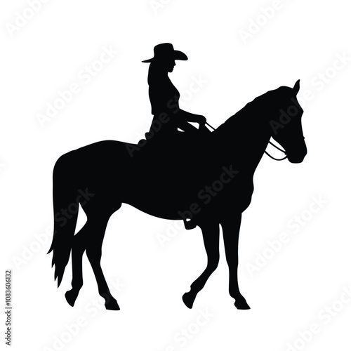 A woman is riding a horse. The horse is black. The woman is wearing a helmet