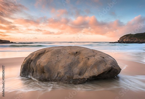 大きな石のある浜辺の風景 photo