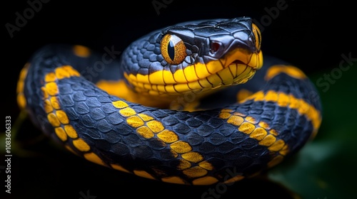 A close-up of a black and yellow banded snake with its head turned toward the camera. photo