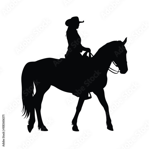 A woman is riding a horse. The horse is black. The woman is wearing a helmet