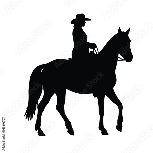 A woman is riding a horse. The horse is black. The woman is wearing a helmet