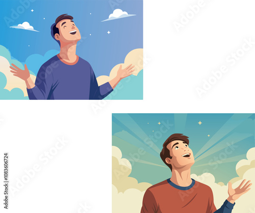 Men looking up at sky with hope and gratitude, feeling freedom and joy