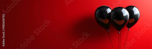 Black balloons against a vibrant red wall backdrop. Three glossy black balloons float against a bright red wall, creating a striking contrast in color and texture. photo