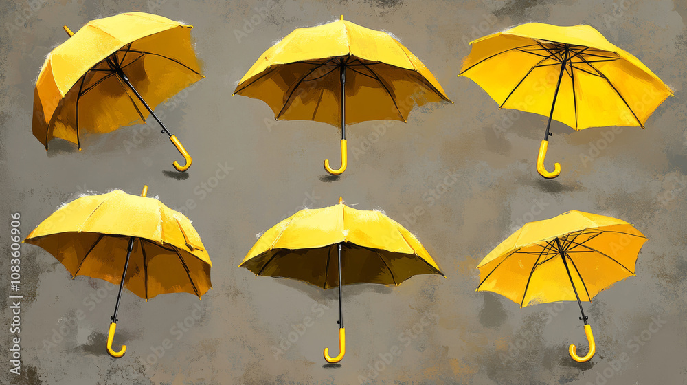 Obraz premium Seven yellow umbrellas are shown in different positions. These illustrations are realistic and look like they could be real umbrellas.