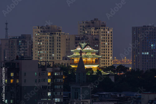 Night view of the landmark city on the two rivers and four banks of Wuhan, China photo