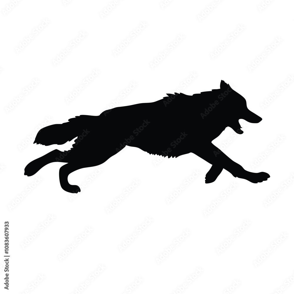 Naklejka premium A black dog is running in the air. The dog has its mouth open. The dog is jumping high in the air