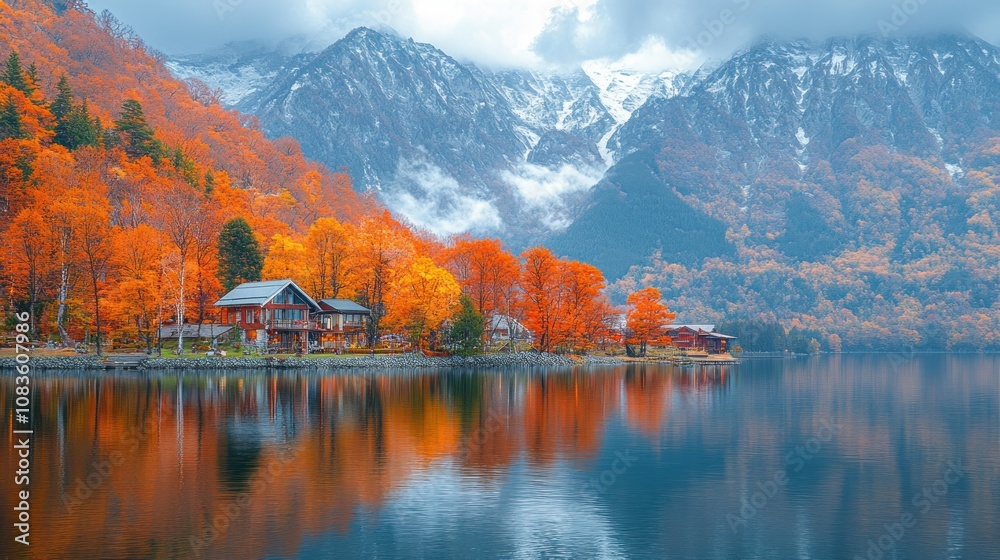 Fototapeta premium Autumnal Forest Reflecting in a Still Lake With Snow-Capped Mountains in the Background