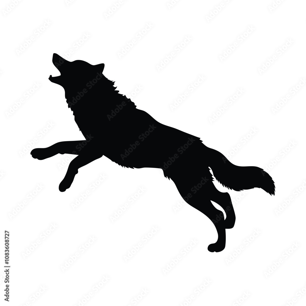 Naklejka premium A black dog is running in the air. The dog has its mouth open. The dog is jumping high in the air