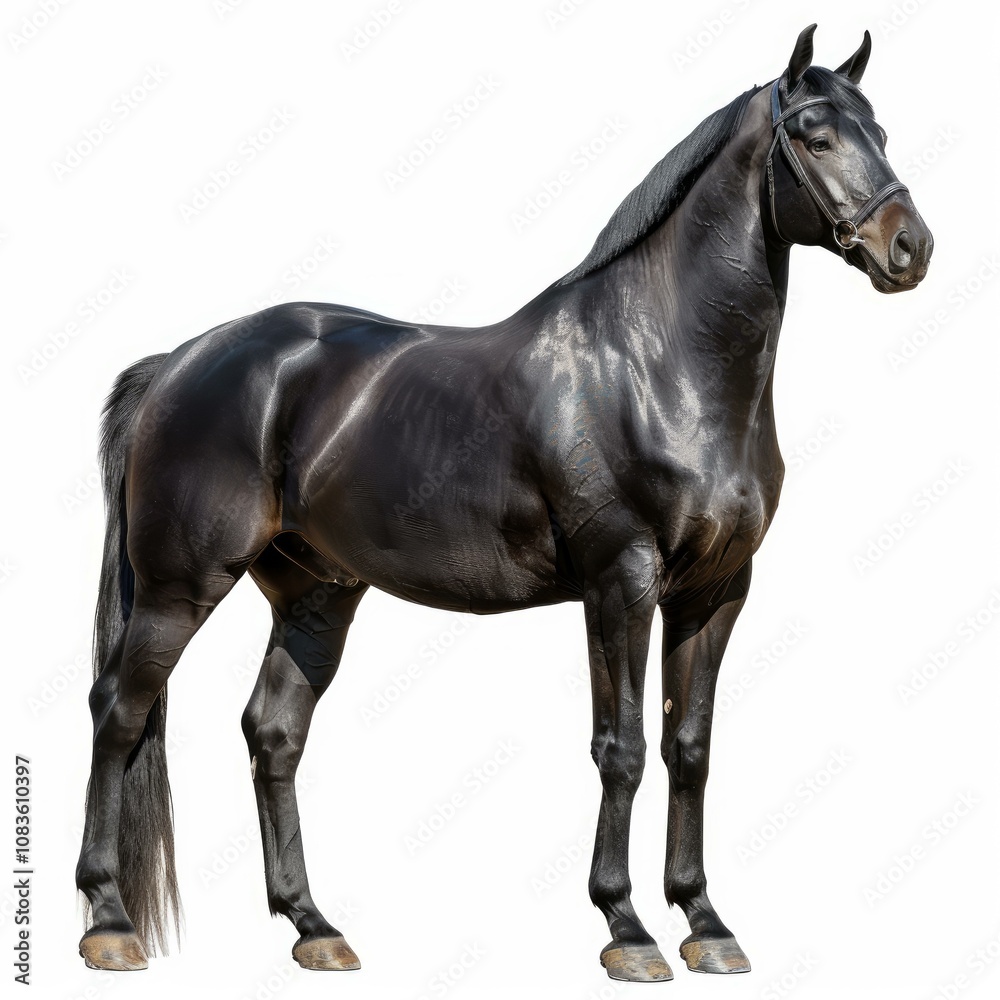 Fototapeta premium Shiny black horse wearing a bridle, standing majestically against a white background