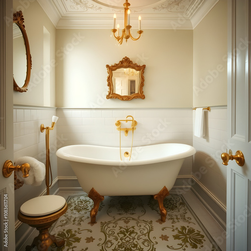 Victorian-style bathroom featuring a clawfoot tub, gold fixtures, and intricate tiles.AI GENERATED photo