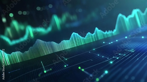 3D amortization chart showing decreasing balance, digital green and blue, sleek and modern finance theme