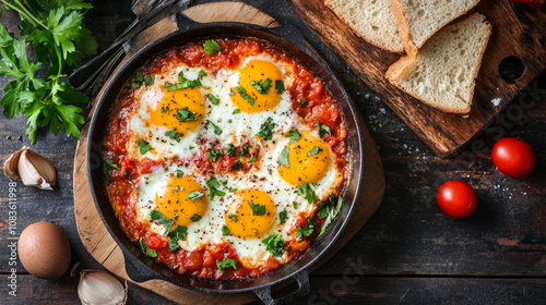 Vibrant shakshuka with eggs, tomato, and spices for breakfast. AI generative photo