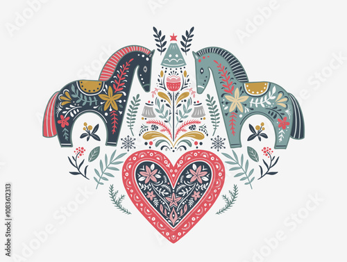 Vector Christmas composition with hand drawn holiday elements, snowflakes. Scandinavian folk ornament.