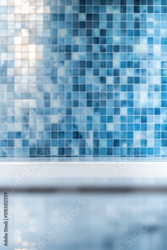 Blurred bathroom wall with tiled background and empty marble surface.
