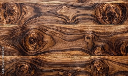 Close-up of three wooden planks showcasing intricate grain patterns with knots and swirls. photo