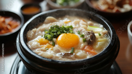 Samgyetang food with chicken, ginseng, and herbal broth, comforting. AI generative photo