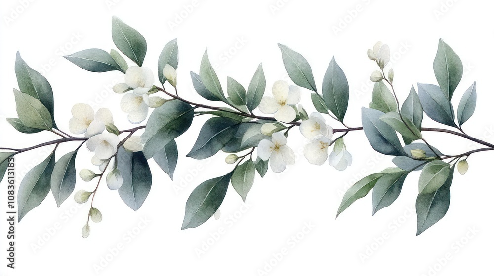 Obraz premium Watercolor Painting of a Branch with White Flowers and Green Leaves