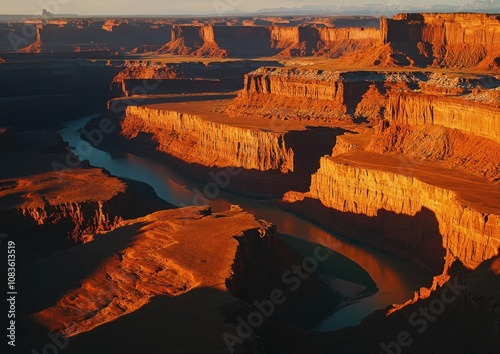 A River Winding Through the Canyon's Red Rock Walls at Sunset photo