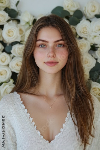 A Young Woman With Long Brown Hair Posing In Front of a White Rose Wall photo