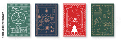 Festive Holiday Cards With Chritsmas Line Style Ornaments. Set Holiday Cards Featuring Chritsmas Line Style Ornaments and Festive Decorations. Perfect for Celebrating the Joyful Moments of the Season