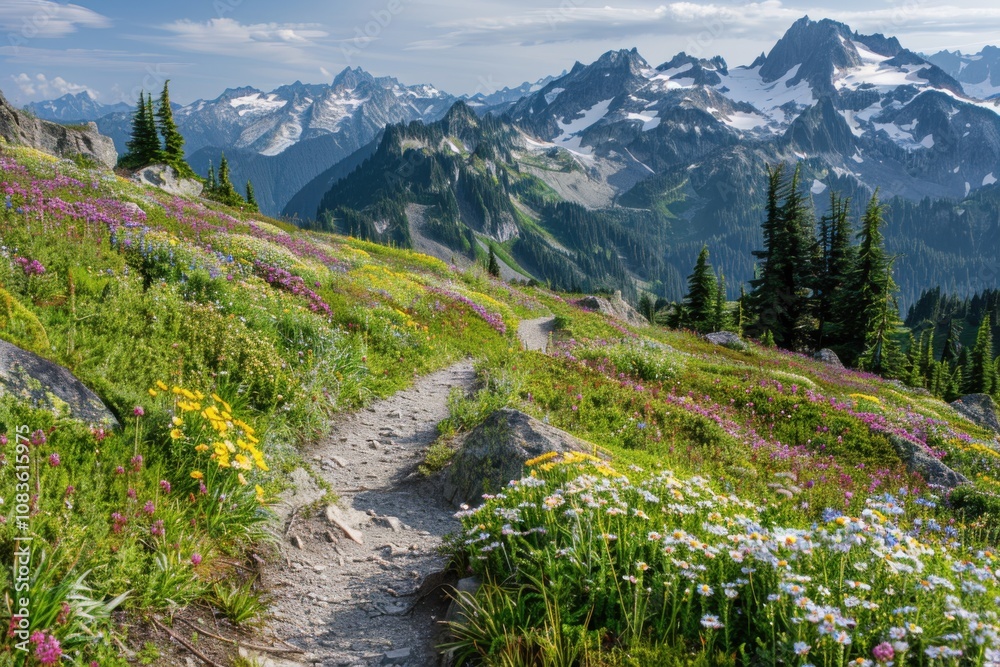 Fototapeta premium Scenic mountain trail surrounded by vibrant wildflowers and majestic peaks.