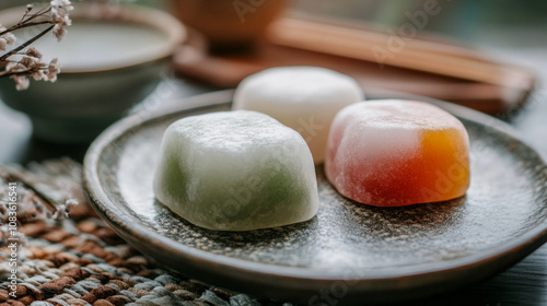 Traditional mochi dessert showcasing pastel colors and chewy goodness. AI generative photo