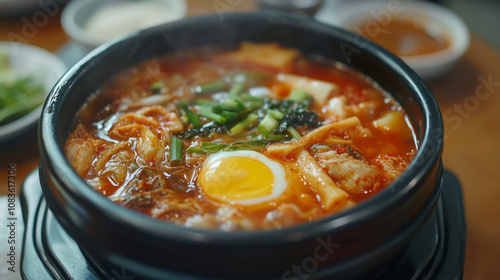 Hot kimchi jjigae stew with spicy fermented flavors in a bowl. AI generative photo