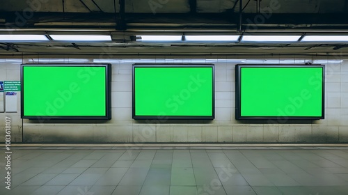 Billboards advertisements with chroma key green screen in subway