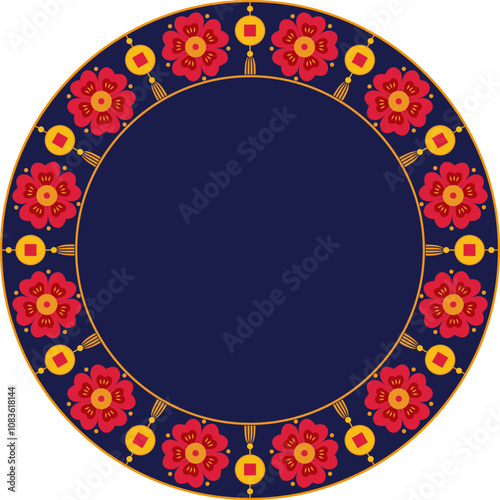 Decorative round frame with Chinese medallion ornament. Circle frame with copy space. Template for printing cards, invitations, greeting, New year eve and festivals theme vector.