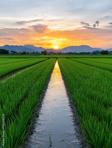 Wallpaper Mural Sunset reflection over lush rice fields rural landscape nature photography tranquil environment wide angle view serenity concept Torontodigital.ca