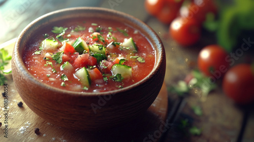 Chilled gazpacho soup served with fresh garnish on top. AI generative photo