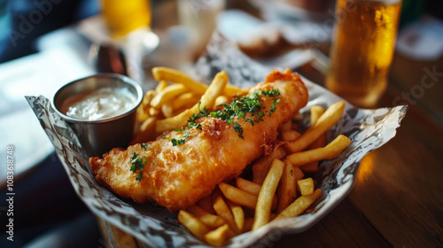 Fish and chips with tartar sauce on a white plate. AI generative photo