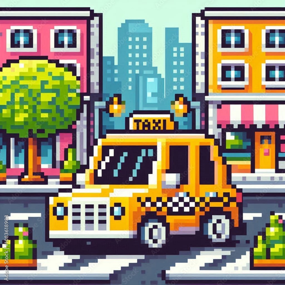 Obraz premium yellow taxi with urban background, pixel art