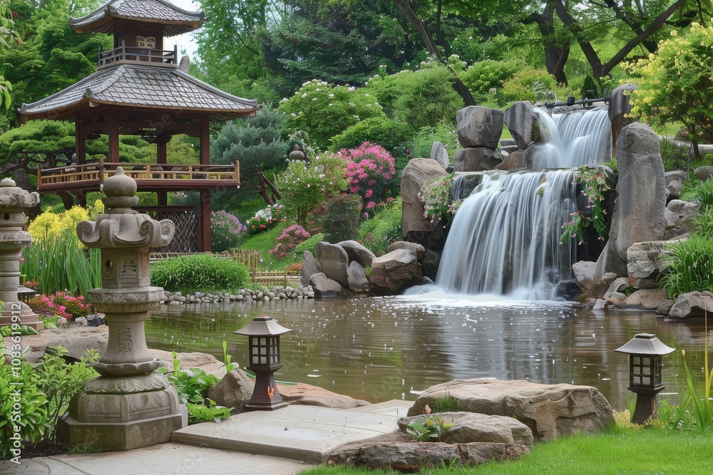 Naklejka premium A serene garden featuring a waterfall, pond, and traditional architecture.