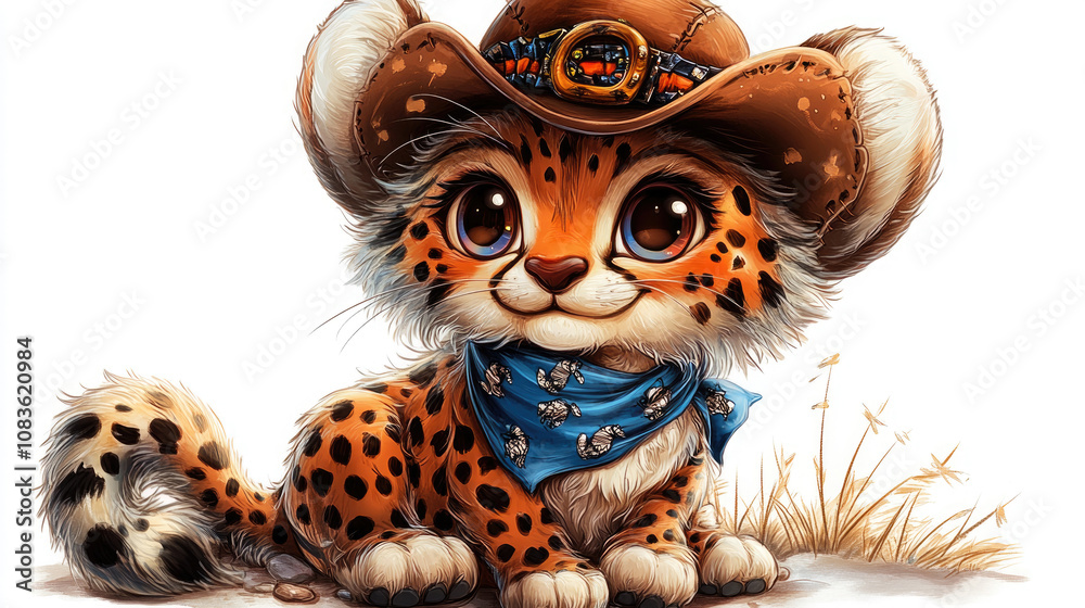 Obraz premium A cute little leopard wearing a hat. white background
