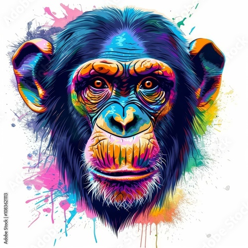 Vibrant and expressive chimpanzee portrait with a colorful paint splatter effect, capturing the primate's intense gaze photo