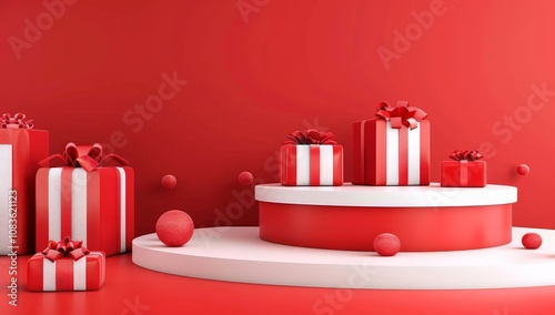 Red Gift Boxes on a White and Red Platform