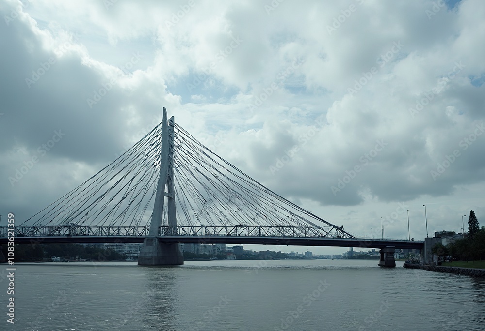 Fototapeta premium A modern suspension bridge with a geometric, triangular pattern on the underside of the bridge deck