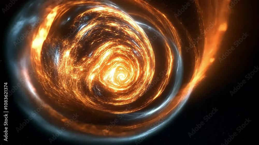 A swirling cosmic vortex of orange and blue light, resembling a portal to another dimension, evoking a sense of wonder and exploration in the universe.