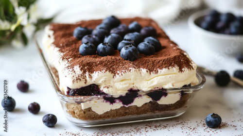 Creamy blueberry tiramisu topped with fresh berries and cream. AI generative. photo