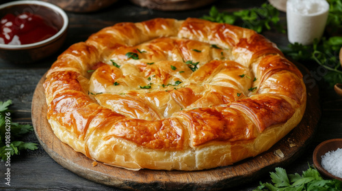 Traditional Bulgarian banitsa with crispy phyllo dough and feta. AI generative. photo