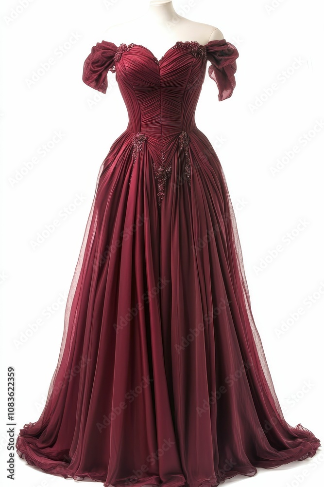 Fototapeta premium A maroon off-the-shoulder gown with embellishments.