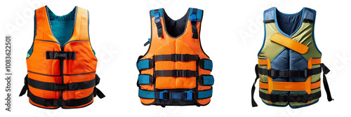 Brightly Colored Life Jackets for Water Safety, isolated on transparent background